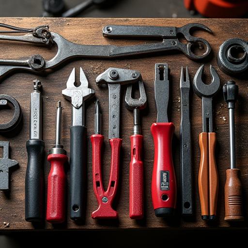 Utensili manuali ed elettrici assortiti su un banco da lavoro